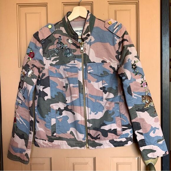 ZADIG & VOLTAIRE Kavy Camou Brode Jacket Green Camo Skull Embroidery Bomber Wool - Picture 2 of 16